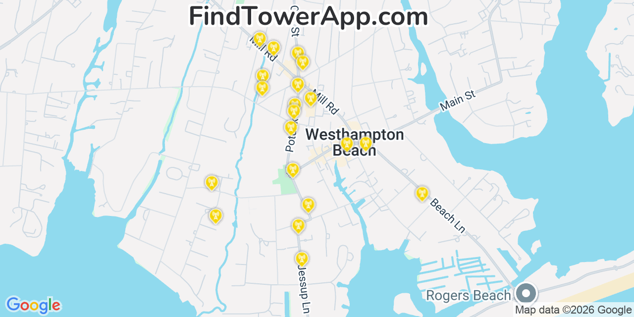 Map showing the 20 primary cell tower locations detected in Westhampton Beach, New York from AT&T, Verizon, and T-Mobile networks