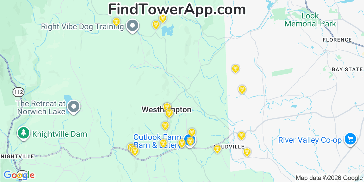 Map showing the 20 primary cell tower locations detected in Westhampton, Massachusetts from AT&T, Verizon, and T-Mobile networks