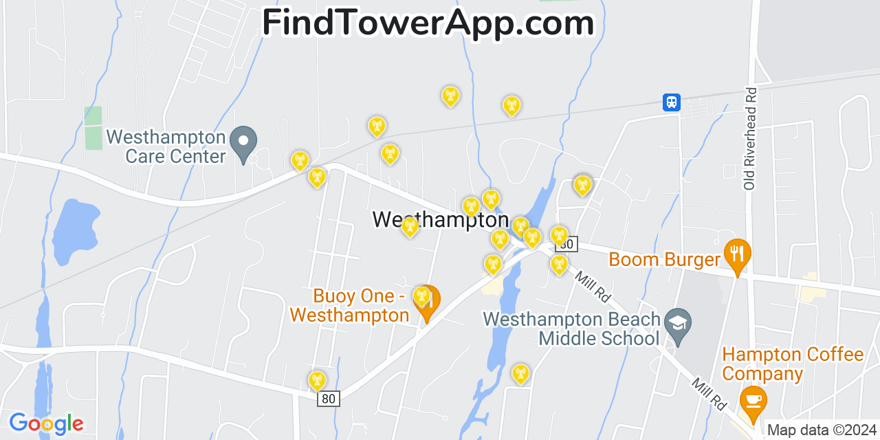 AT&T 4G/5G cell tower coverage map Westhampton, New York