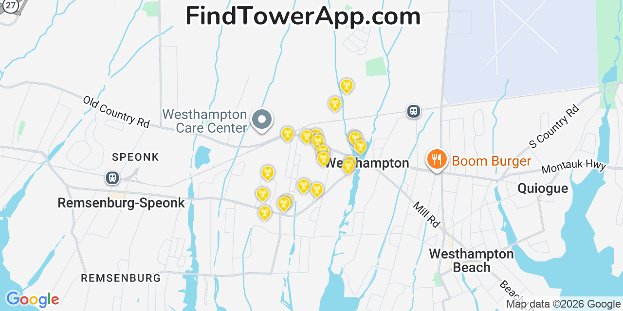 Map showing the 20 primary cell tower locations detected in Westhampton, New York from AT&T, Verizon, and T-Mobile networks