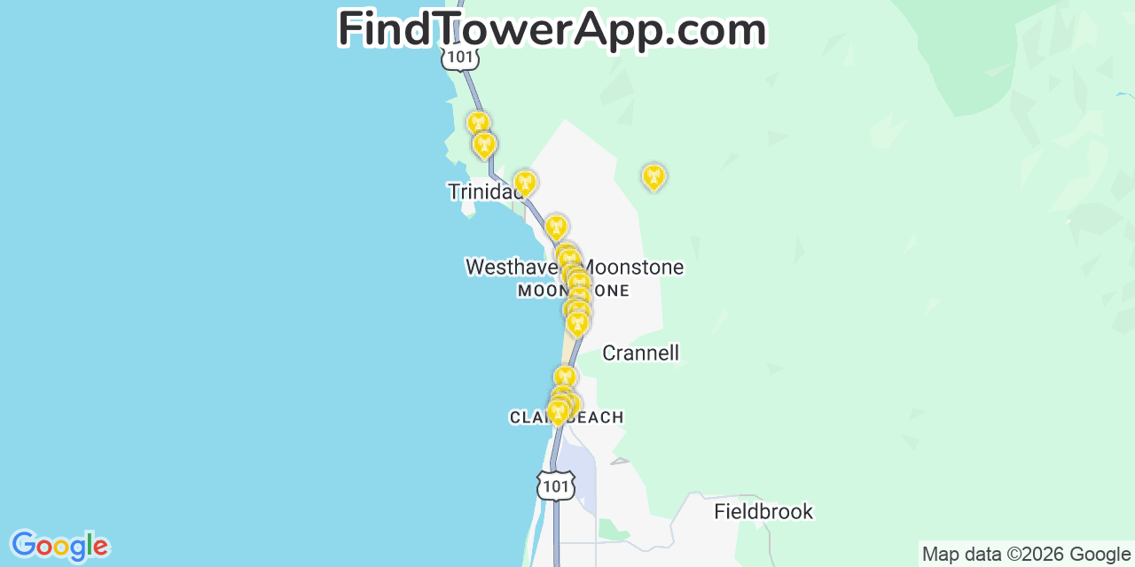 Map showing the 20 primary cell tower locations detected in Westhaven Moonstone, California from AT&T, Verizon, and T-Mobile networks