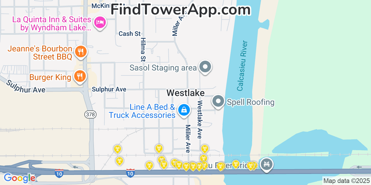 Map showing the 20 primary cell tower locations detected in Westlake, Louisiana from AT&T, Verizon, and T-Mobile networks