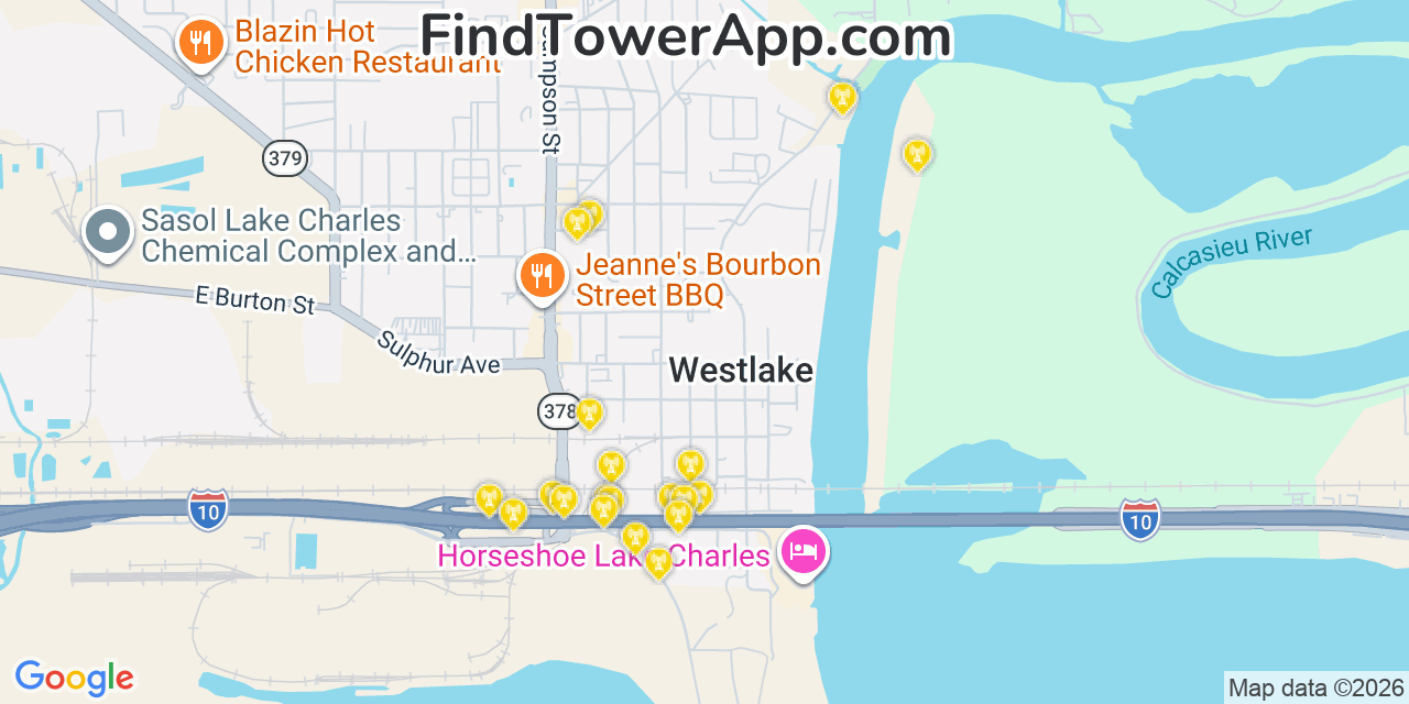 Map showing the 20 primary cell tower locations detected in Westlake, Louisiana from AT&T, Verizon, and T-Mobile networks