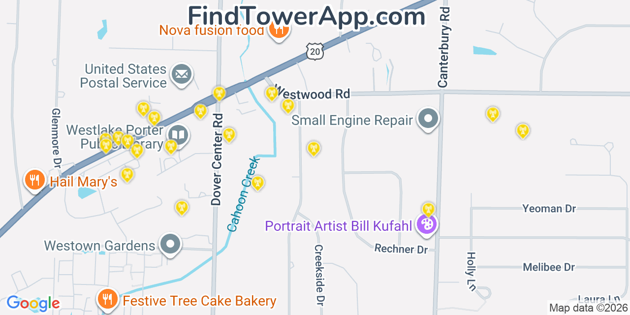 Map showing the 20 primary cell tower locations detected in Westlake, Ohio from AT&T, Verizon, and T-Mobile networks