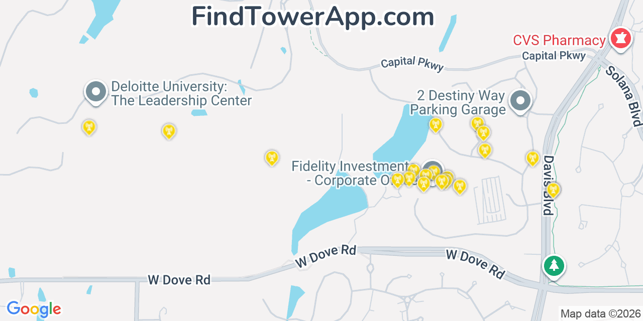 Map showing the 20 primary cell tower locations detected in Westlake, Texas from AT&T, Verizon, and T-Mobile networks