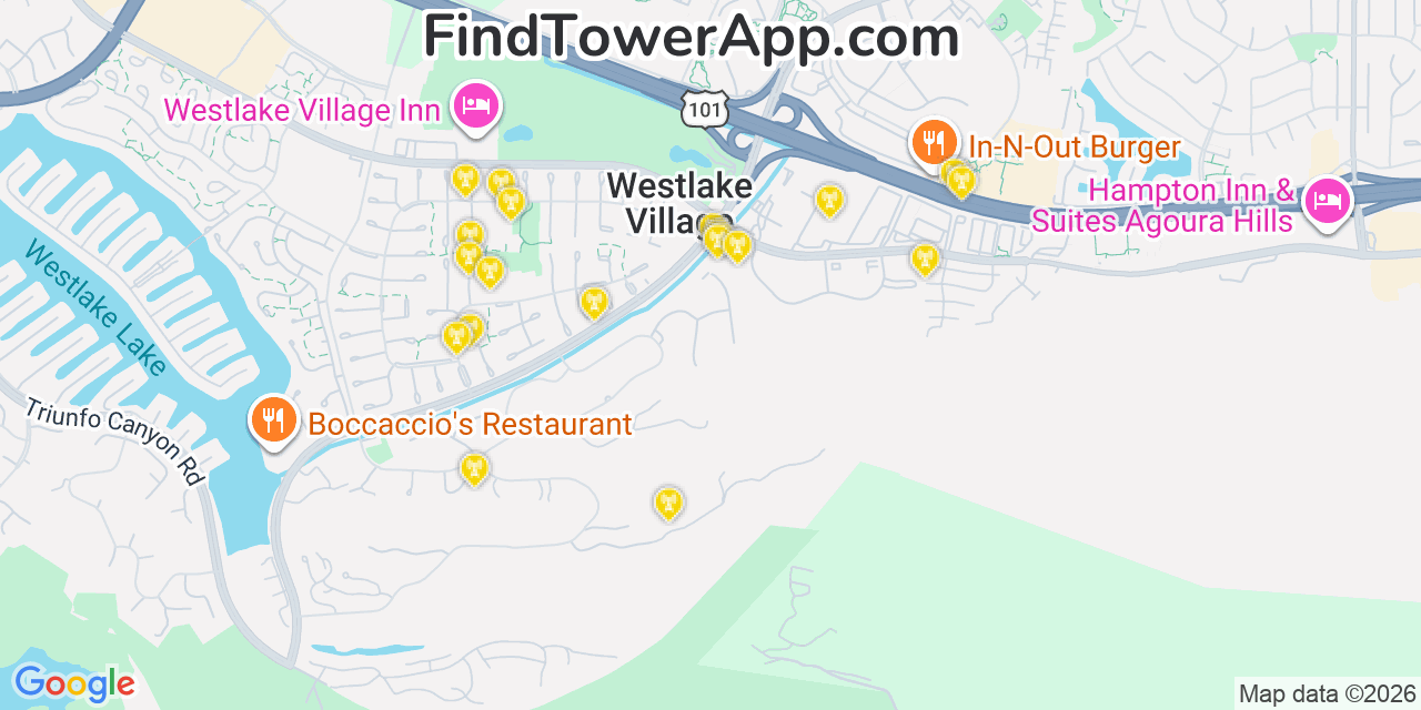 Map showing the 20 primary cell tower locations detected in Westlake Village, California from AT&T, Verizon, and T-Mobile networks