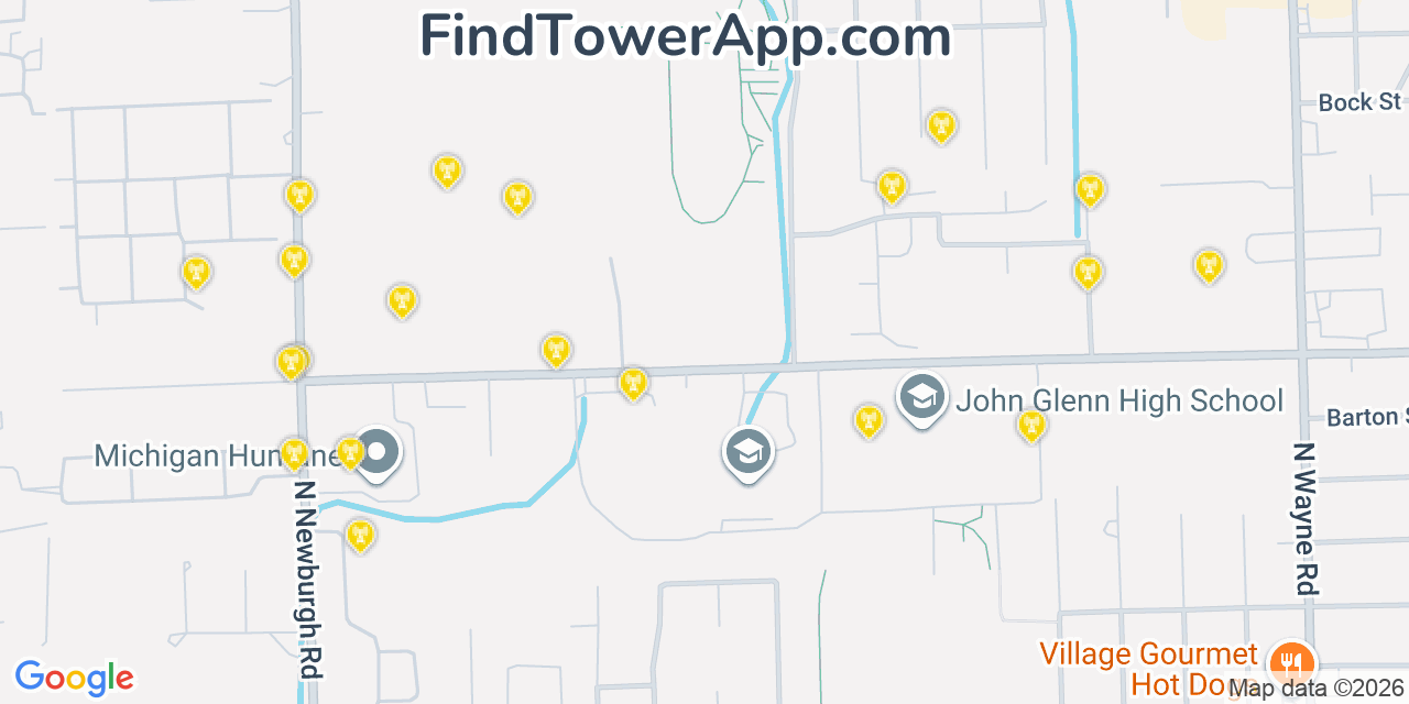 Map showing the 20 primary cell tower locations detected in Westland, Michigan from AT&T, Verizon, and T-Mobile networks