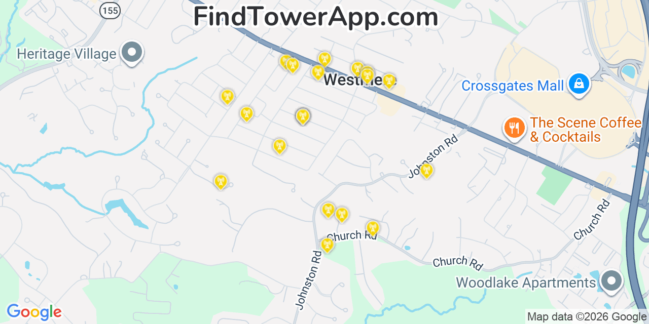 Map showing the 20 primary cell tower locations detected in Westmere, New York from AT&T, Verizon, and T-Mobile networks