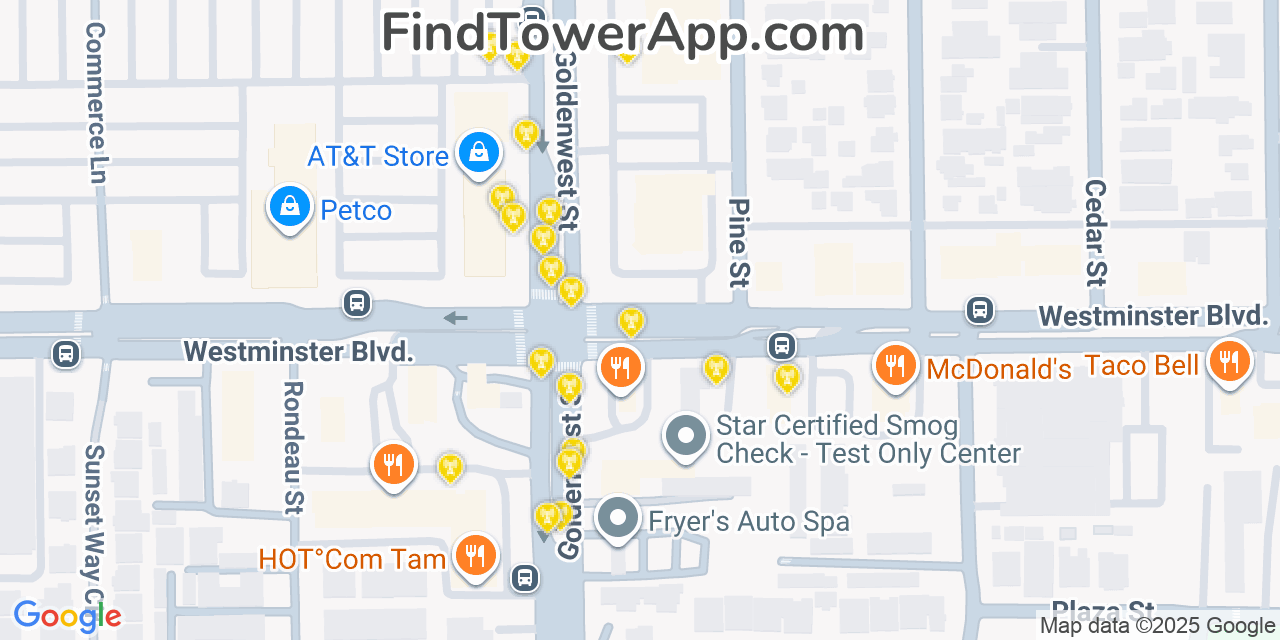 Map showing the 20 primary cell tower locations detected in Westminster, California from AT&T, Verizon, and T-Mobile networks