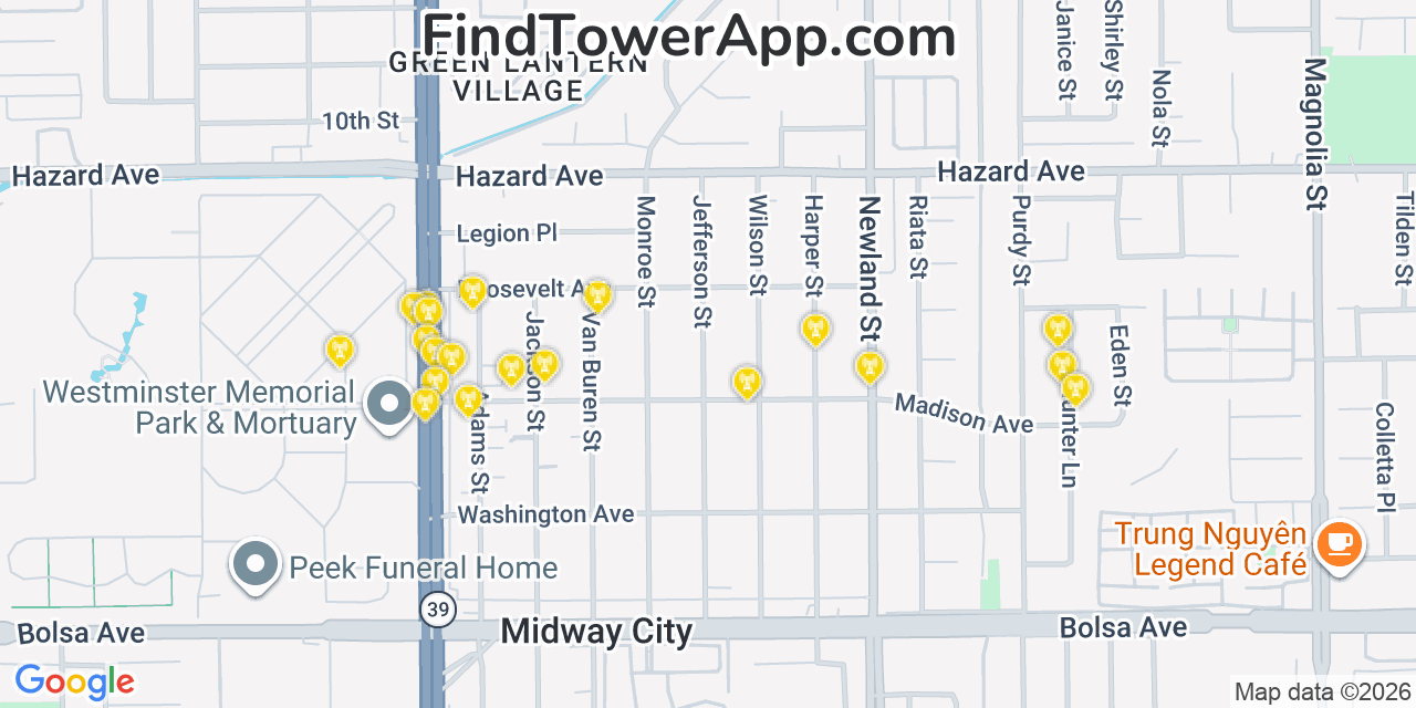 Map showing the 20 primary cell tower locations detected in Westminster, California from AT&T, Verizon, and T-Mobile networks