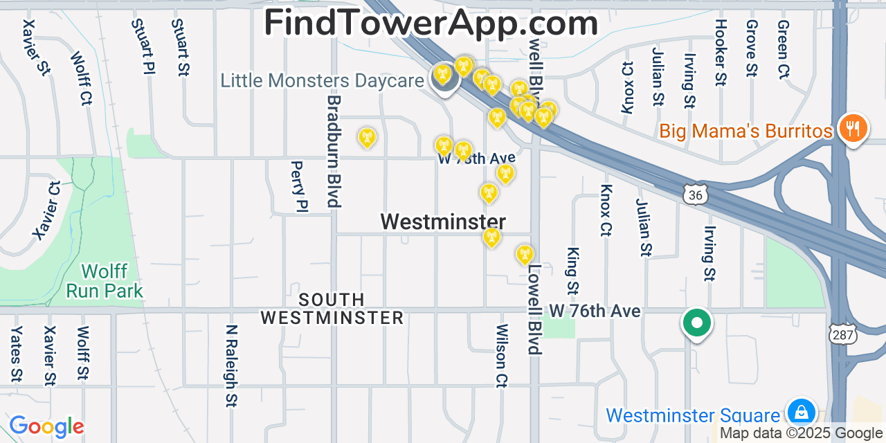 Map showing the 20 primary cell tower locations detected in Westminster, Colorado from AT&T, Verizon, and T-Mobile networks