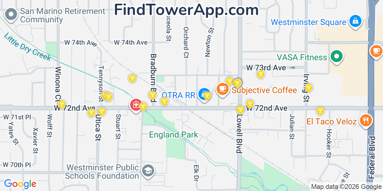 Map showing the 20 primary cell tower locations detected in Westminster, Colorado from AT&T, Verizon, and T-Mobile networks