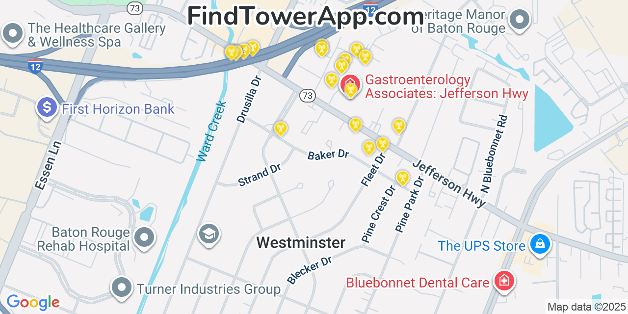 Map showing the 20 primary cell tower locations detected in Westminster, Louisiana from AT&T, Verizon, and T-Mobile networks