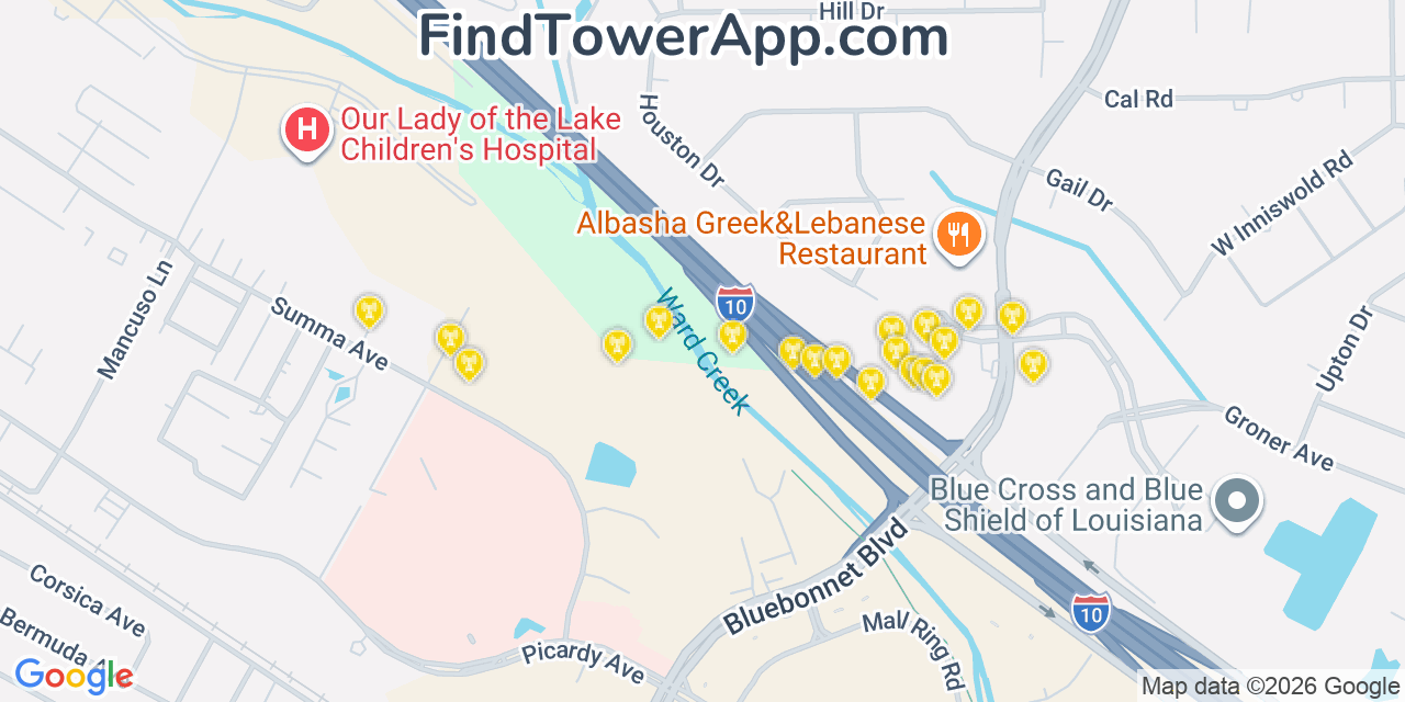 Map showing the 20 primary cell tower locations detected in Westminster, Louisiana from AT&T, Verizon, and T-Mobile networks