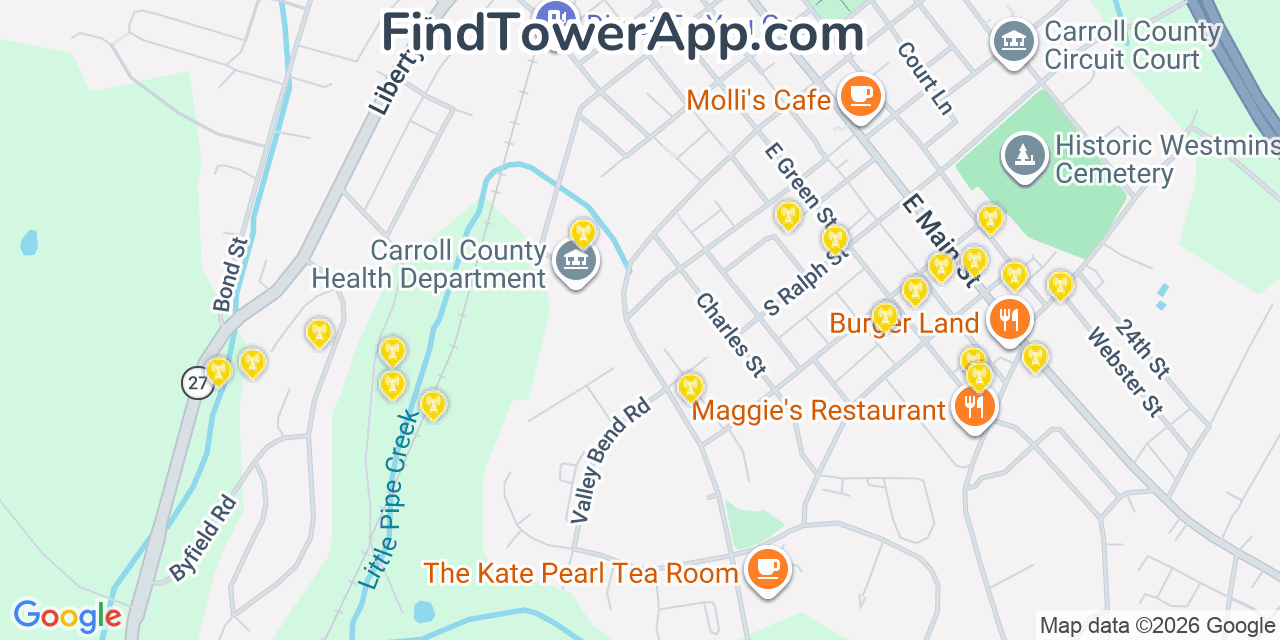 Map showing the 20 primary cell tower locations detected in Westminster, Maryland from AT&T, Verizon, and T-Mobile networks