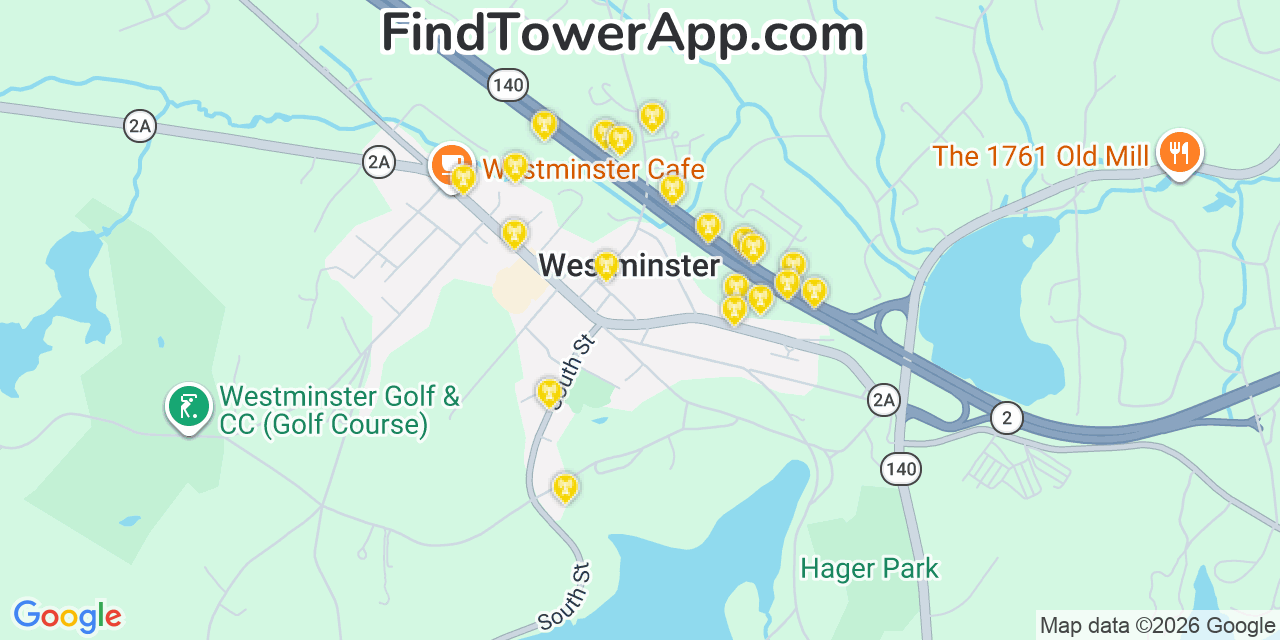 Map showing the 20 primary cell tower locations detected in Westminster, Massachusetts from AT&T, Verizon, and T-Mobile networks