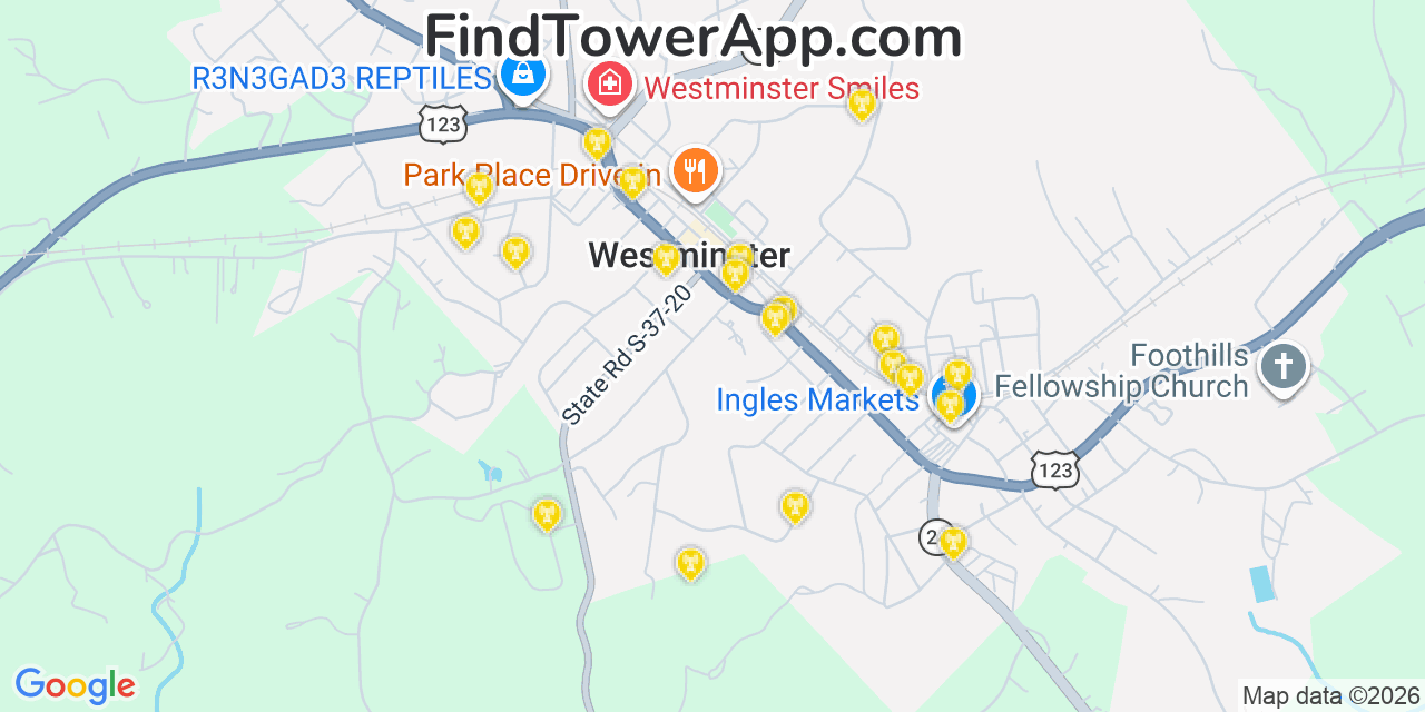 Map showing the 20 primary cell tower locations detected in Westminster, South Carolina from AT&T, Verizon, and T-Mobile networks