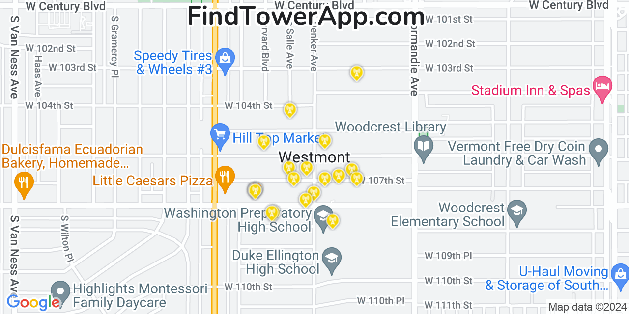 AT&T 4G/5G cell tower coverage map Westmont, California