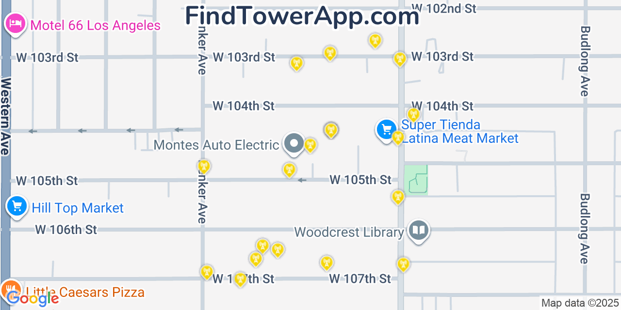 Map showing the 20 primary cell tower locations detected in Westmont, California from AT&T, Verizon, and T-Mobile networks
