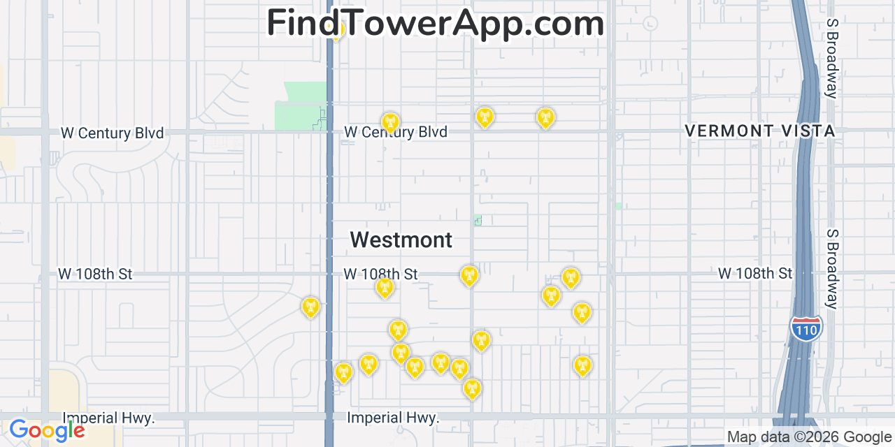 Map showing the 20 primary cell tower locations detected in Westmont, California from AT&T, Verizon, and T-Mobile networks