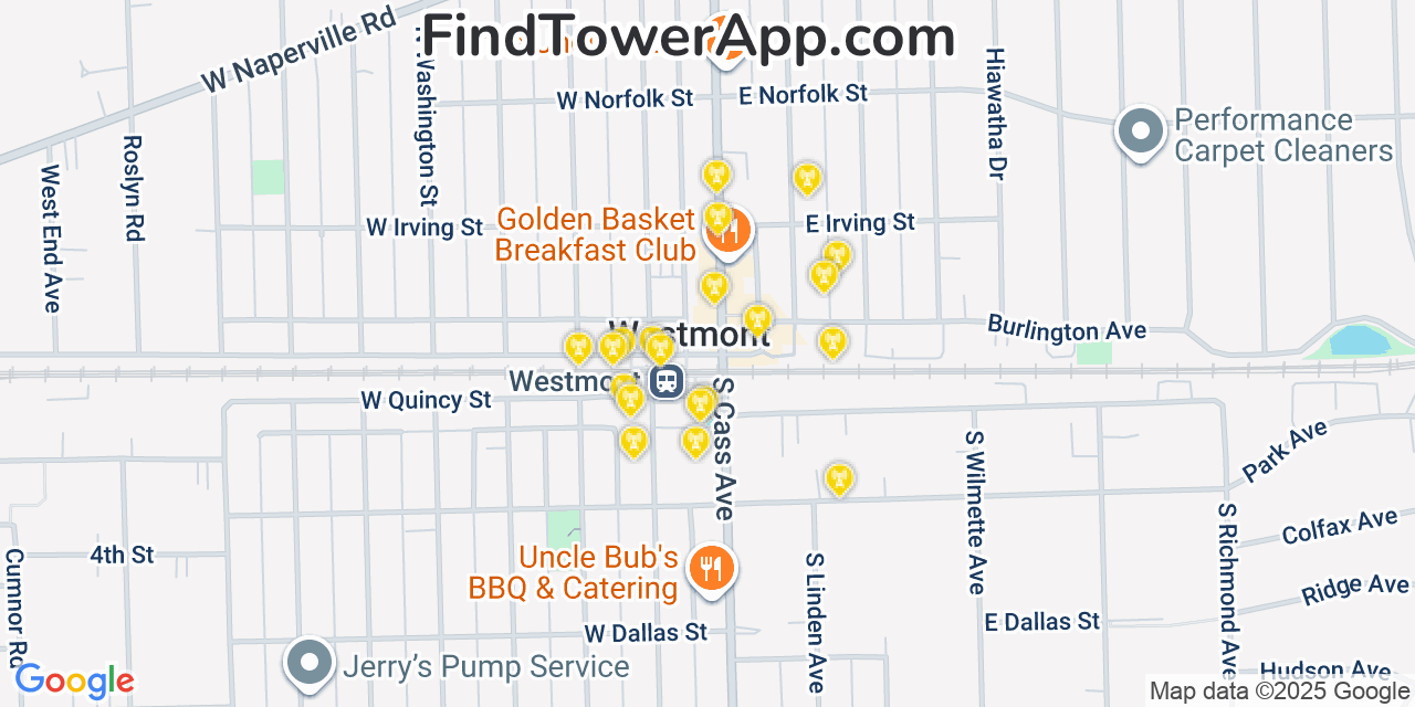 Map showing the 20 primary cell tower locations detected in Westmont, Illinois from AT&T, Verizon, and T-Mobile networks