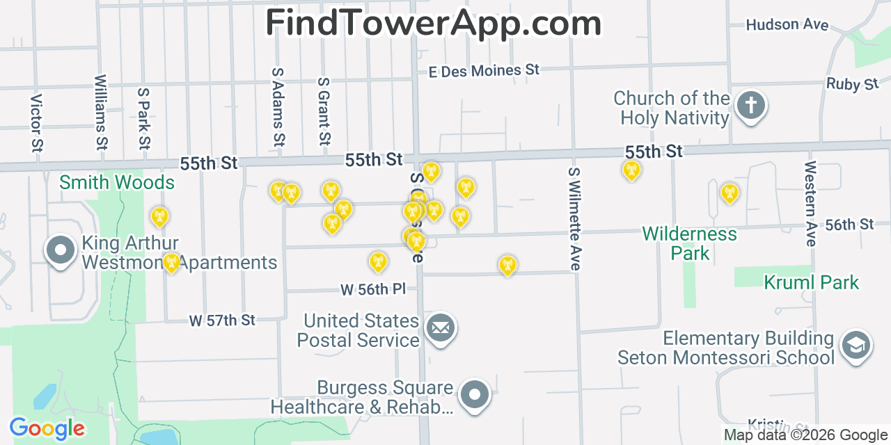 Map showing the 20 primary cell tower locations detected in Westmont, Illinois from AT&T, Verizon, and T-Mobile networks