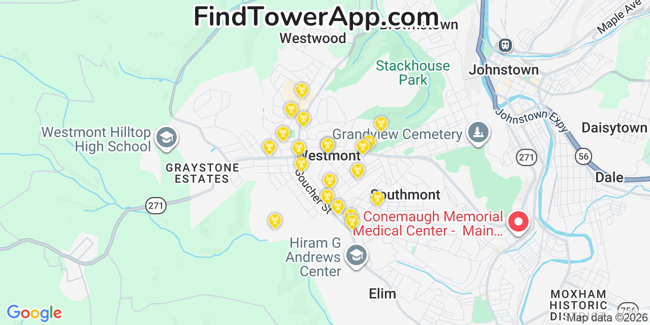 Map showing the 20 primary cell tower locations detected in Westmont, Pennsylvania from AT&T, Verizon, and T-Mobile networks