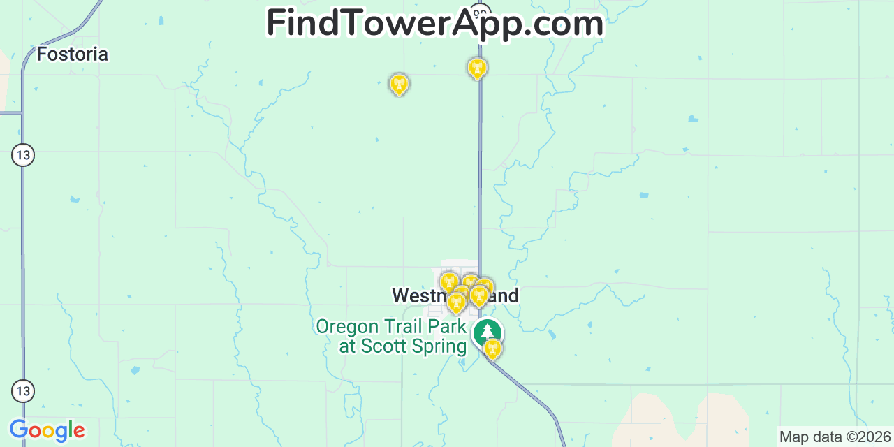 Map showing the 20 primary cell tower locations detected in Westmoreland, Kansas from AT&T, Verizon, and T-Mobile networks