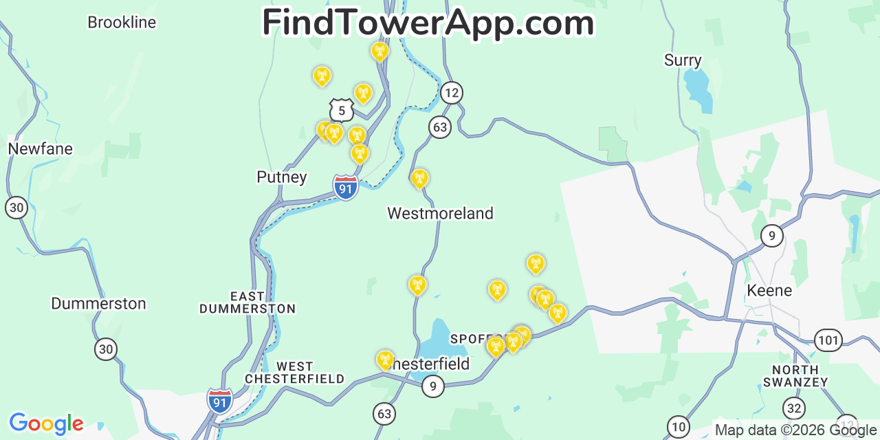 Map showing the 20 primary cell tower locations detected in Westmoreland, New Hampshire from AT&T, Verizon, and T-Mobile networks
