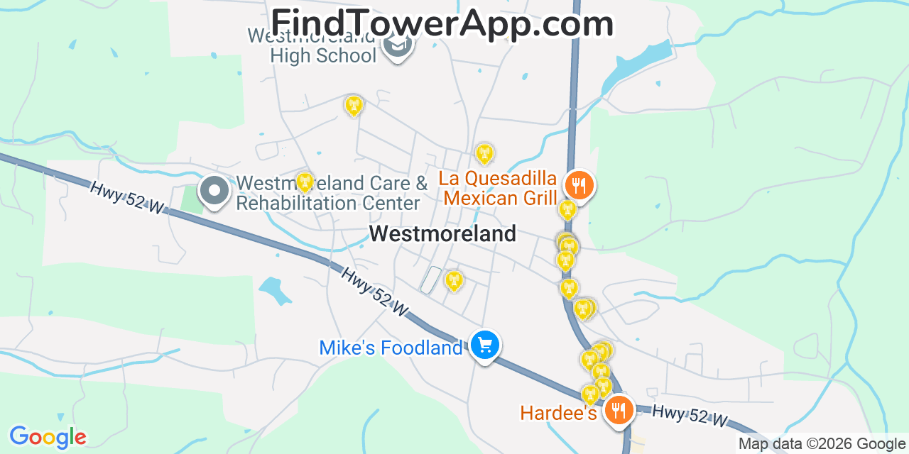 Map showing the 20 primary cell tower locations detected in Westmoreland, Tennessee from AT&T, Verizon, and T-Mobile networks