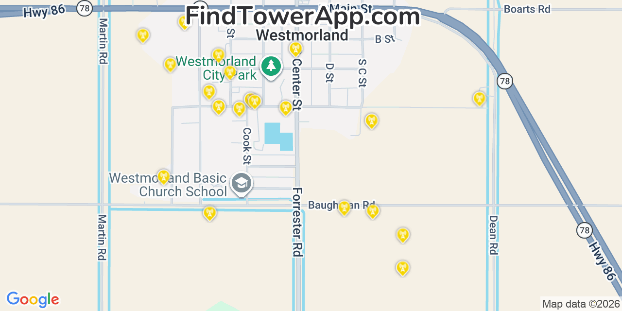 Map showing the 20 primary cell tower locations detected in Westmorland, California from AT&T, Verizon, and T-Mobile networks