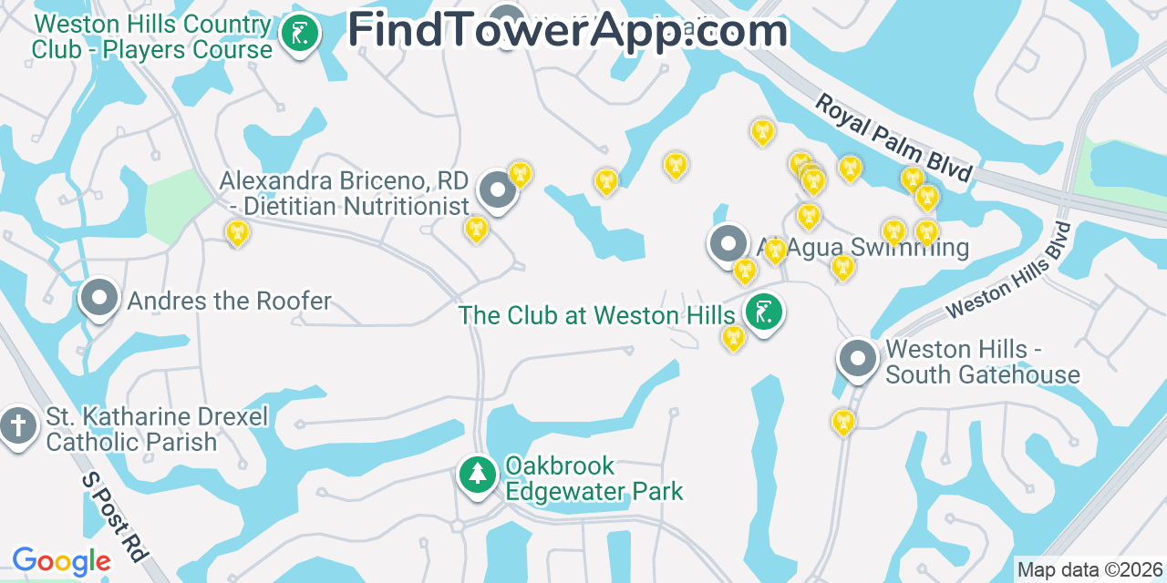 Map showing the 20 primary cell tower locations detected in Weston, Florida from AT&T, Verizon, and T-Mobile networks