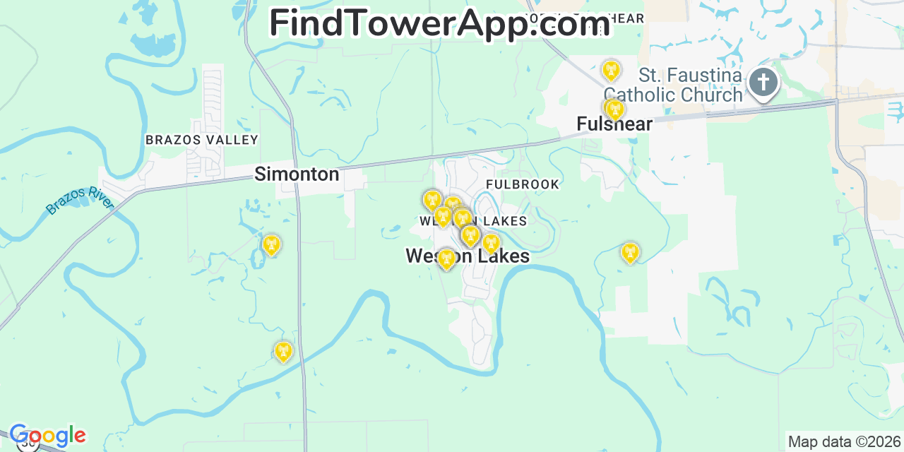 Map showing the 20 primary cell tower locations detected in Weston Lakes, Texas from AT&T, Verizon, and T-Mobile networks