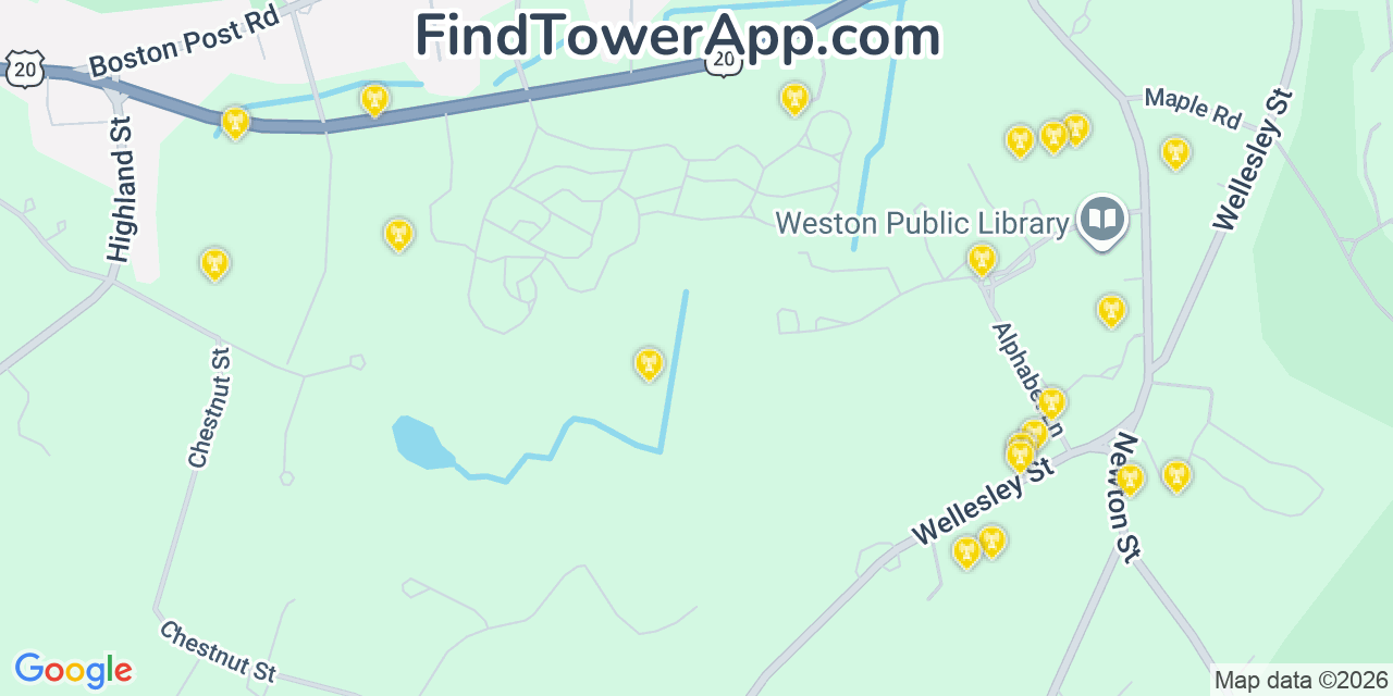 Map showing the 20 primary cell tower locations detected in Weston, Massachusetts from AT&T, Verizon, and T-Mobile networks