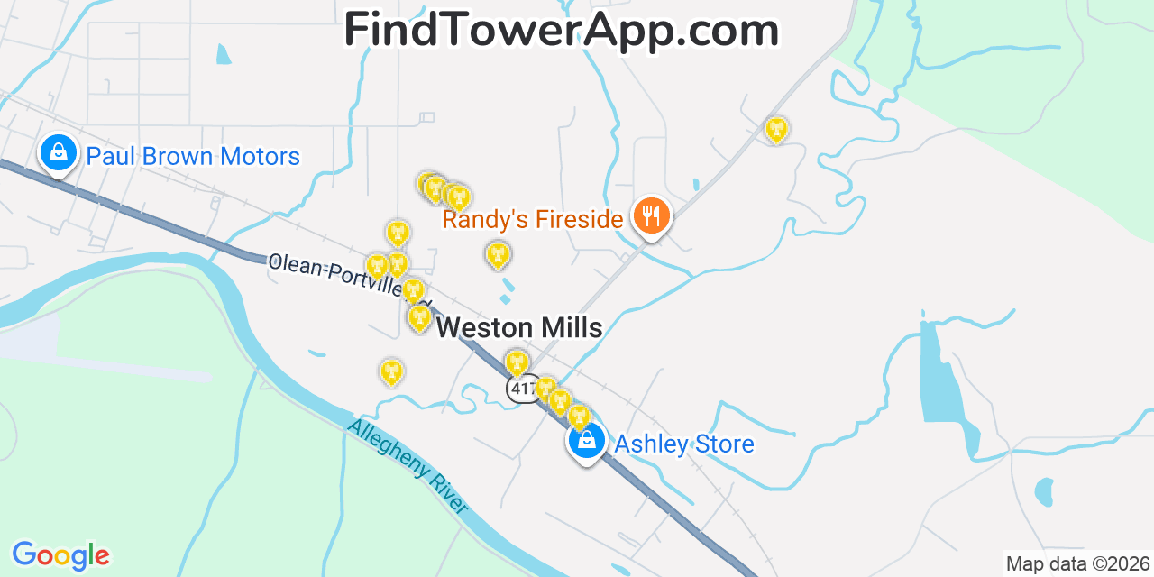 Map showing the 20 primary cell tower locations detected in Weston Mills, New York from AT&T, Verizon, and T-Mobile networks