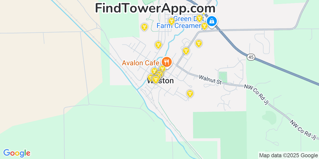 Map showing the 20 primary cell tower locations detected in Weston, Missouri from AT&T, Verizon, and T-Mobile networks