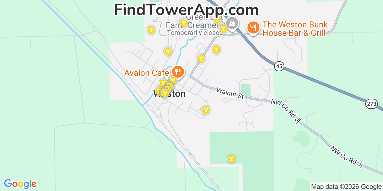 Map showing the 20 primary cell tower locations detected in Weston, Missouri from AT&T, Verizon, and T-Mobile networks