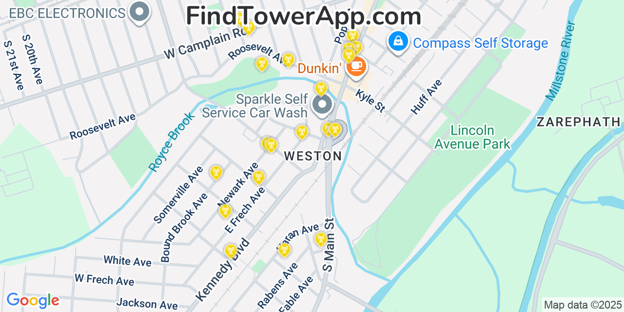 Map showing the 20 primary cell tower locations detected in Weston, New Jersey from AT&T, Verizon, and T-Mobile networks