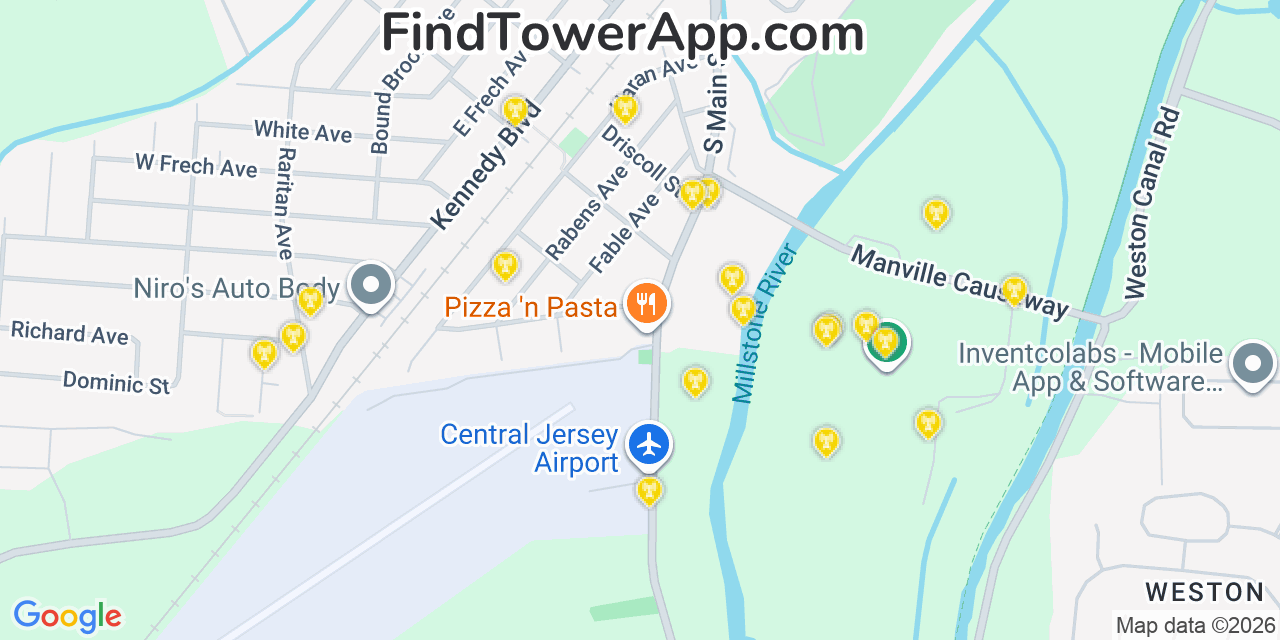 Map showing the 20 primary cell tower locations detected in Weston, New Jersey from AT&T, Verizon, and T-Mobile networks