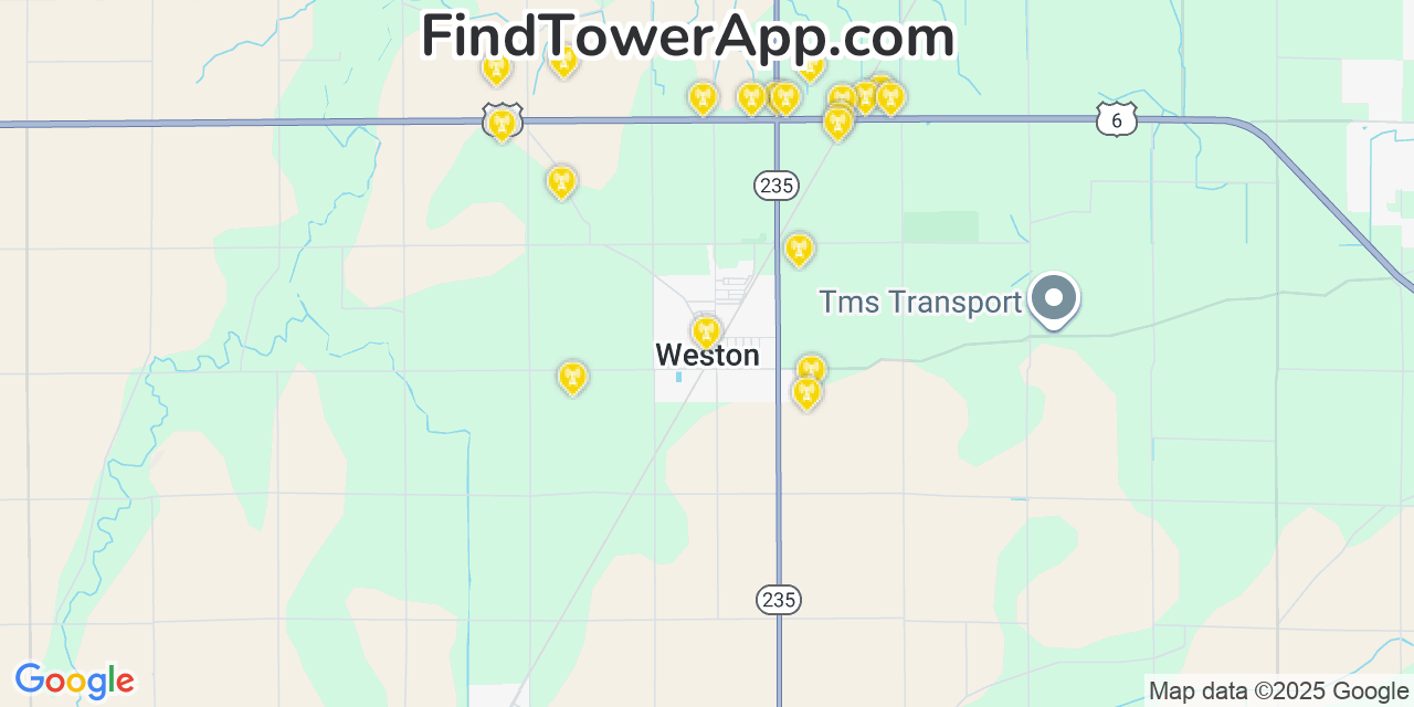 Map showing the 20 primary cell tower locations detected in Weston, Ohio from AT&T, Verizon, and T-Mobile networks