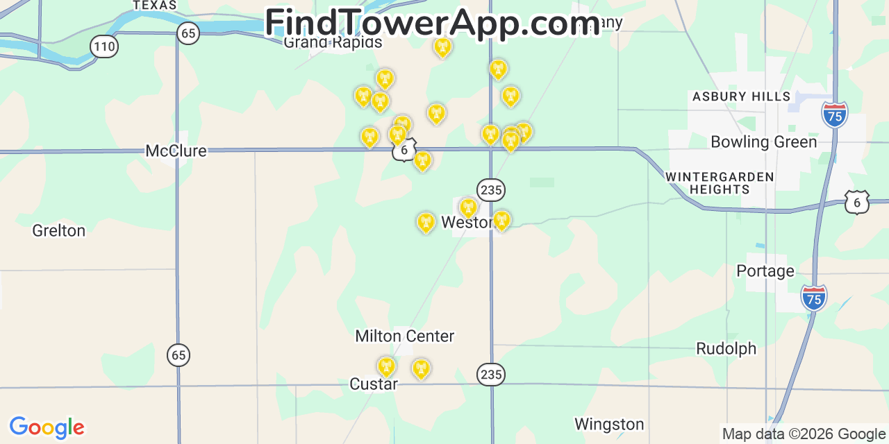 Map showing the 20 primary cell tower locations detected in Weston, Ohio from AT&T, Verizon, and T-Mobile networks