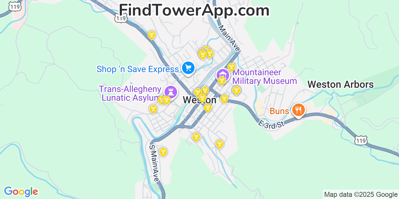 Map showing the 20 primary cell tower locations detected in Weston, West Virginia from AT&T, Verizon, and T-Mobile networks