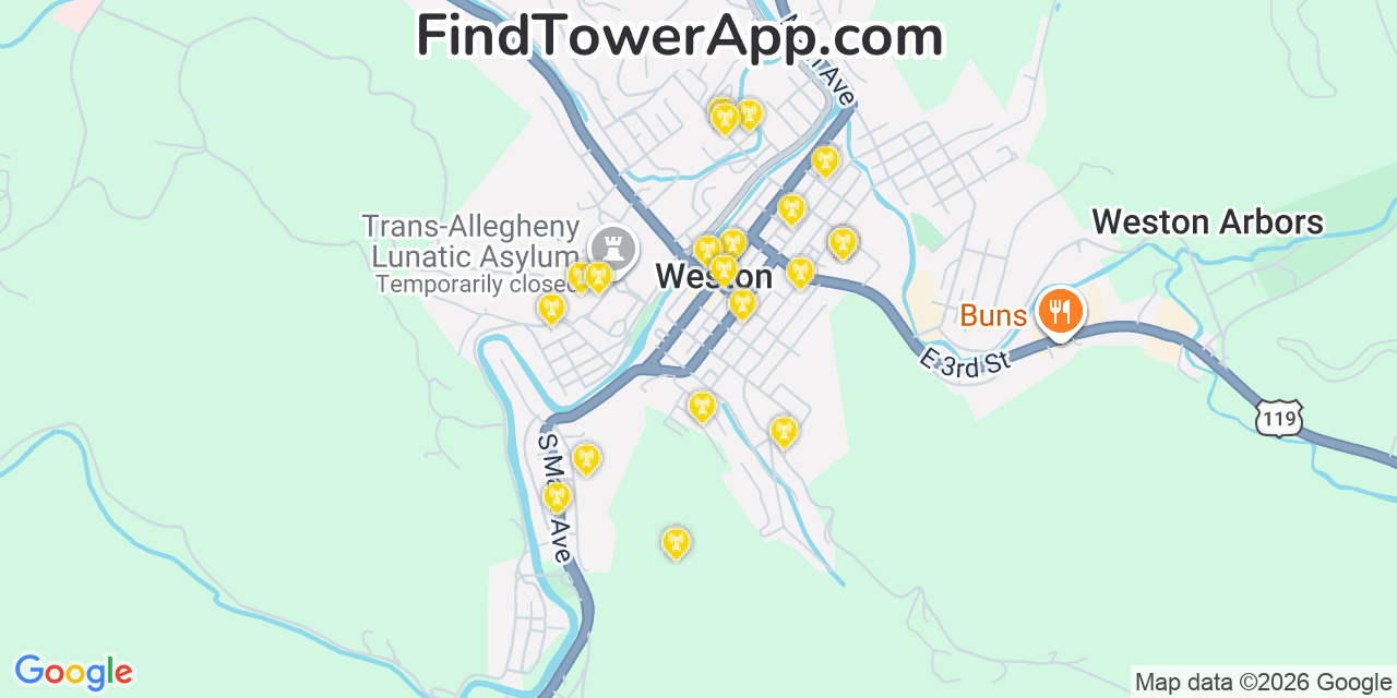 Map showing the 20 primary cell tower locations detected in Weston, West Virginia from AT&T, Verizon, and T-Mobile networks