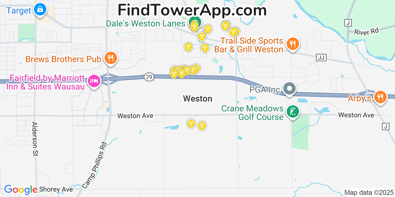 Map showing the 20 primary cell tower locations detected in Weston, Wisconsin from AT&T, Verizon, and T-Mobile networks