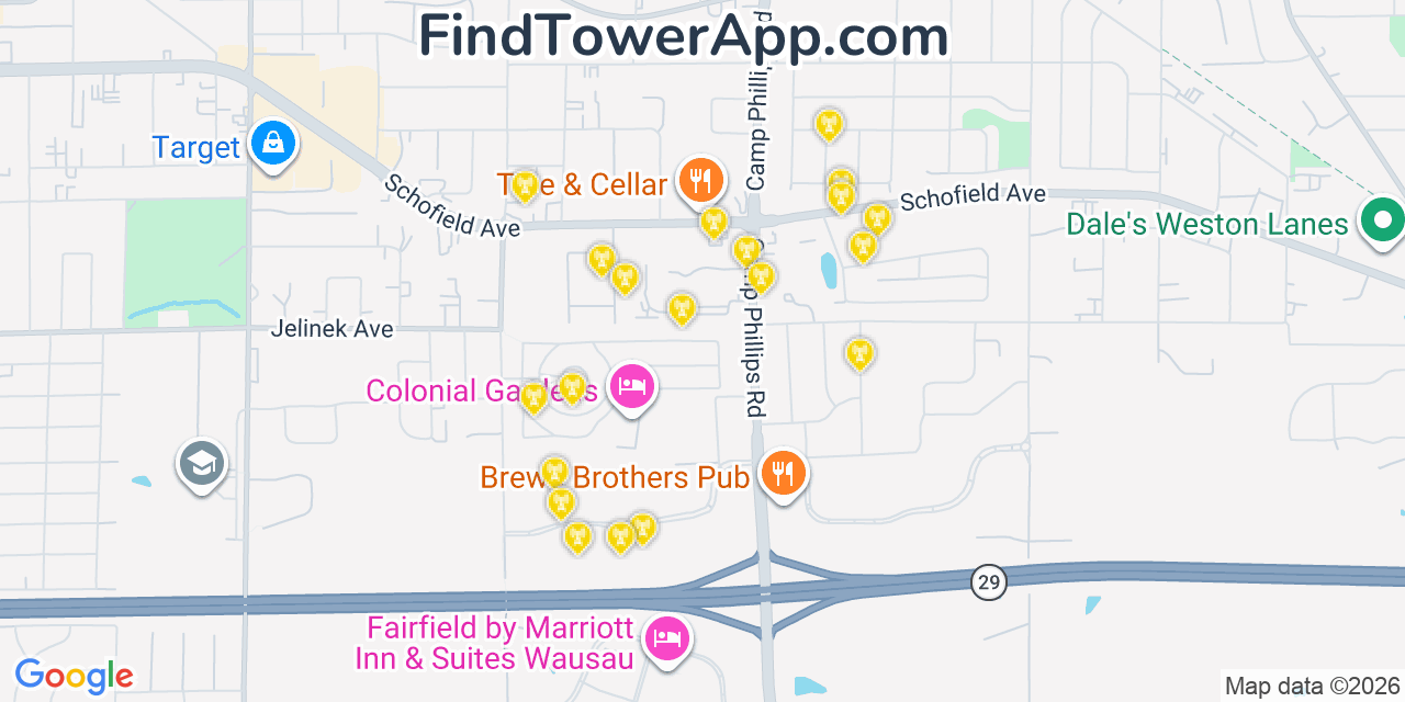 Map showing the 20 primary cell tower locations detected in Weston, Wisconsin from AT&T, Verizon, and T-Mobile networks