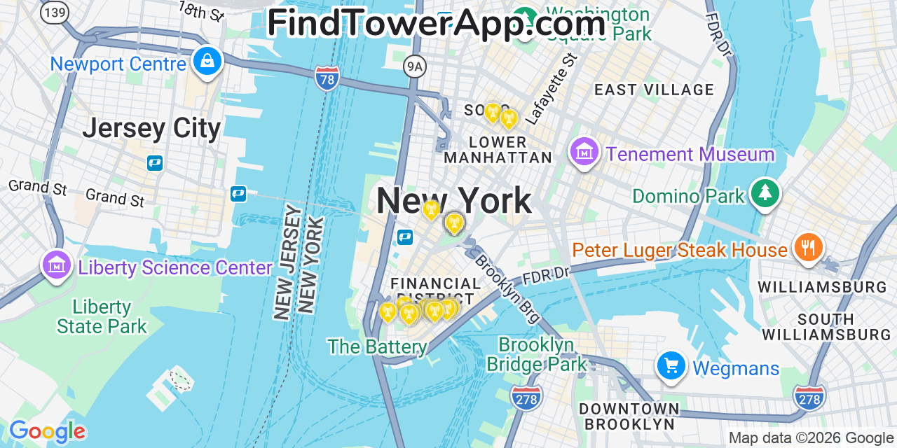 Map showing the 20 primary cell tower locations detected in Westons Mills, New York from AT&T, Verizon, and T-Mobile networks