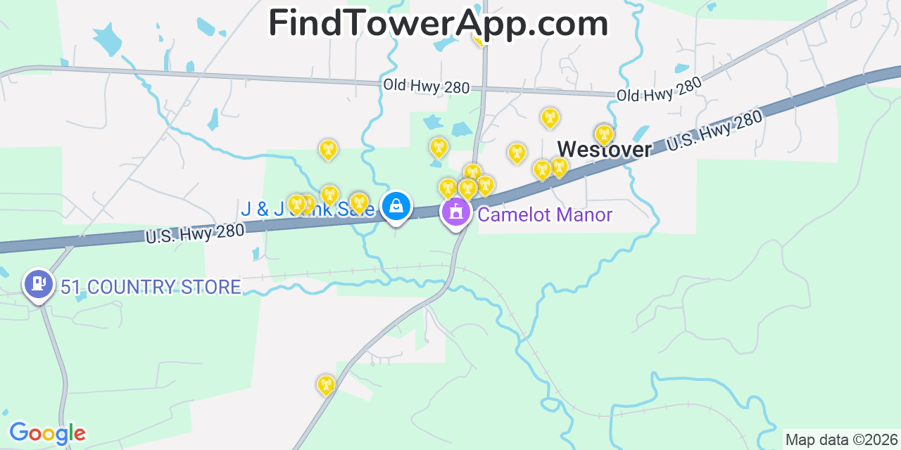 Map showing the 20 primary cell tower locations detected in Westover, Alabama from AT&T, Verizon, and T-Mobile networks