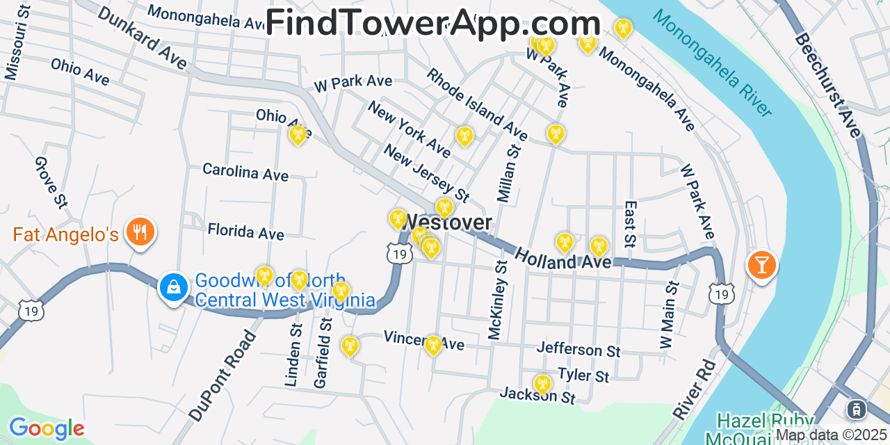 Map showing the 20 primary cell tower locations detected in Westover, West Virginia from AT&T, Verizon, and T-Mobile networks