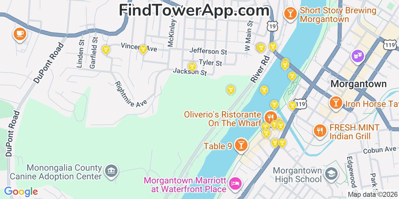 Map showing the 20 primary cell tower locations detected in Westover, West Virginia from AT&T, Verizon, and T-Mobile networks