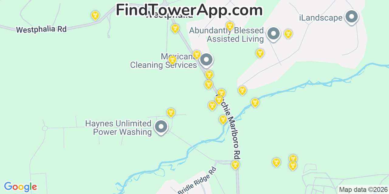 Map showing the 20 primary cell tower locations detected in Westphalia, Maryland from AT&T, Verizon, and T-Mobile networks